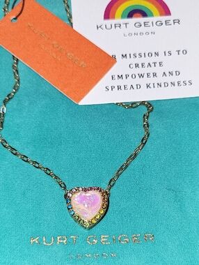 Kurt Geiger Heart Gem Rainbow Halo Gold Chain Heart Pendant Opal Iridescent RthL